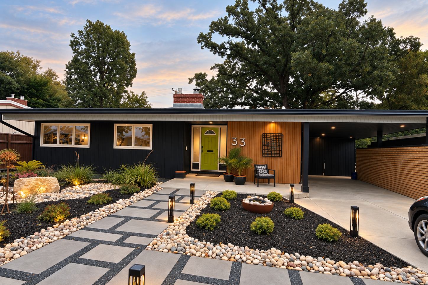 Renovated mid-century home with dark siding, cedar accents and a landscaped front yard at dusk